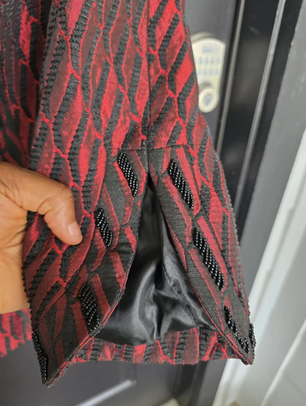 Donna Vinci Couture Jacket Size 8 Red Black Textured Blazer Button Front Career
